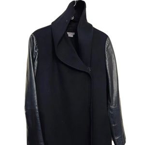 Vince Coat Double Faced Wool Black Lamb Skin Leather Sleeve Shawl Collar X Small